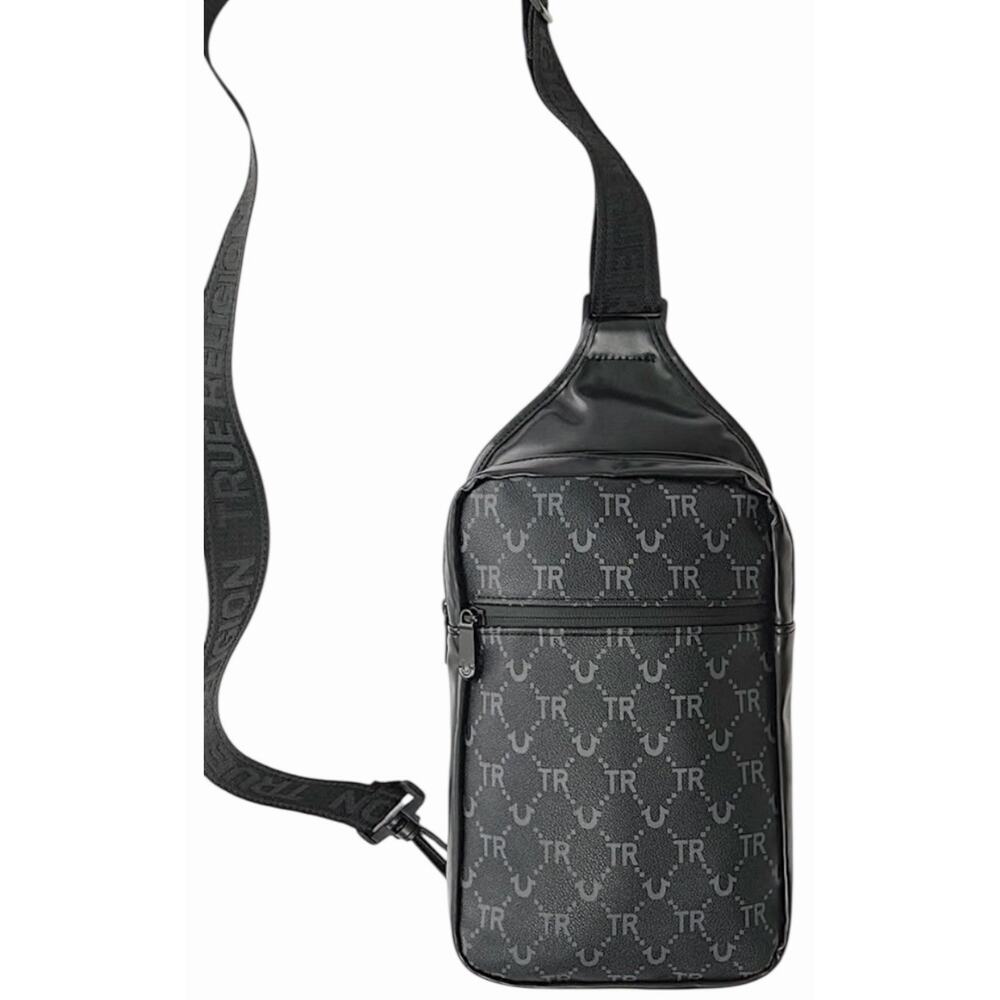 True Religion Black Sling Crossbody Men's Logo Monogram Bag Adjustable Strap NWT